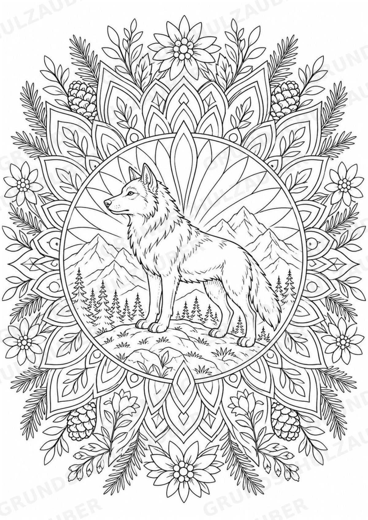 Wolf Mandalas Ausmalbilder – Tiere – 15 Malvorlagen – Materialseite 14