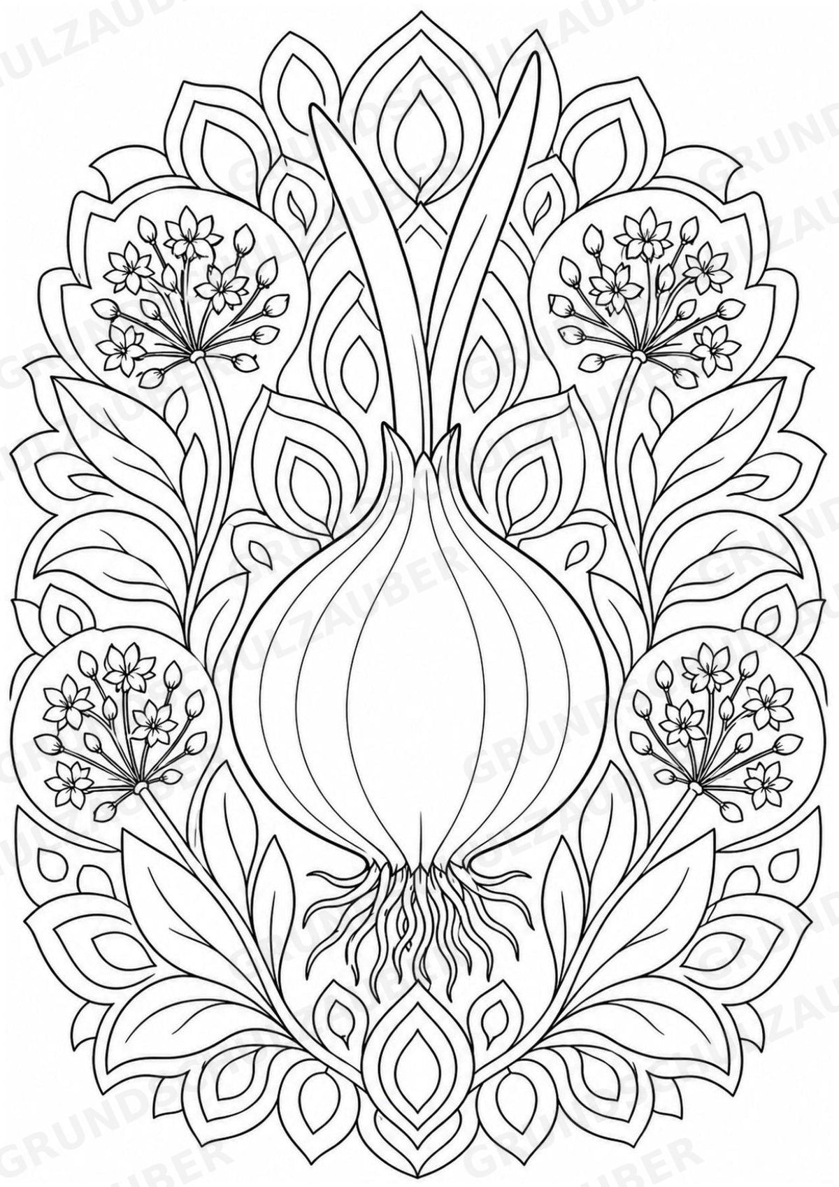 Zwiebel Mandalas Ausmalbilder – Gemüse – 15 Malvorlagen – Materialseite 2