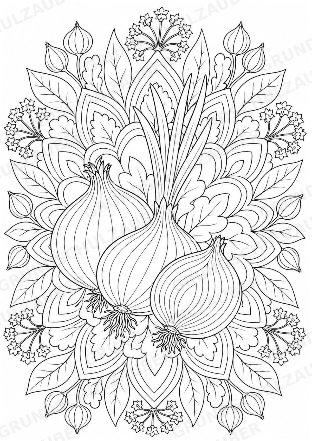 Zwiebel Mandalas Ausmalbilder – Gemüse – 15 Malvorlagen – Materialseite 3