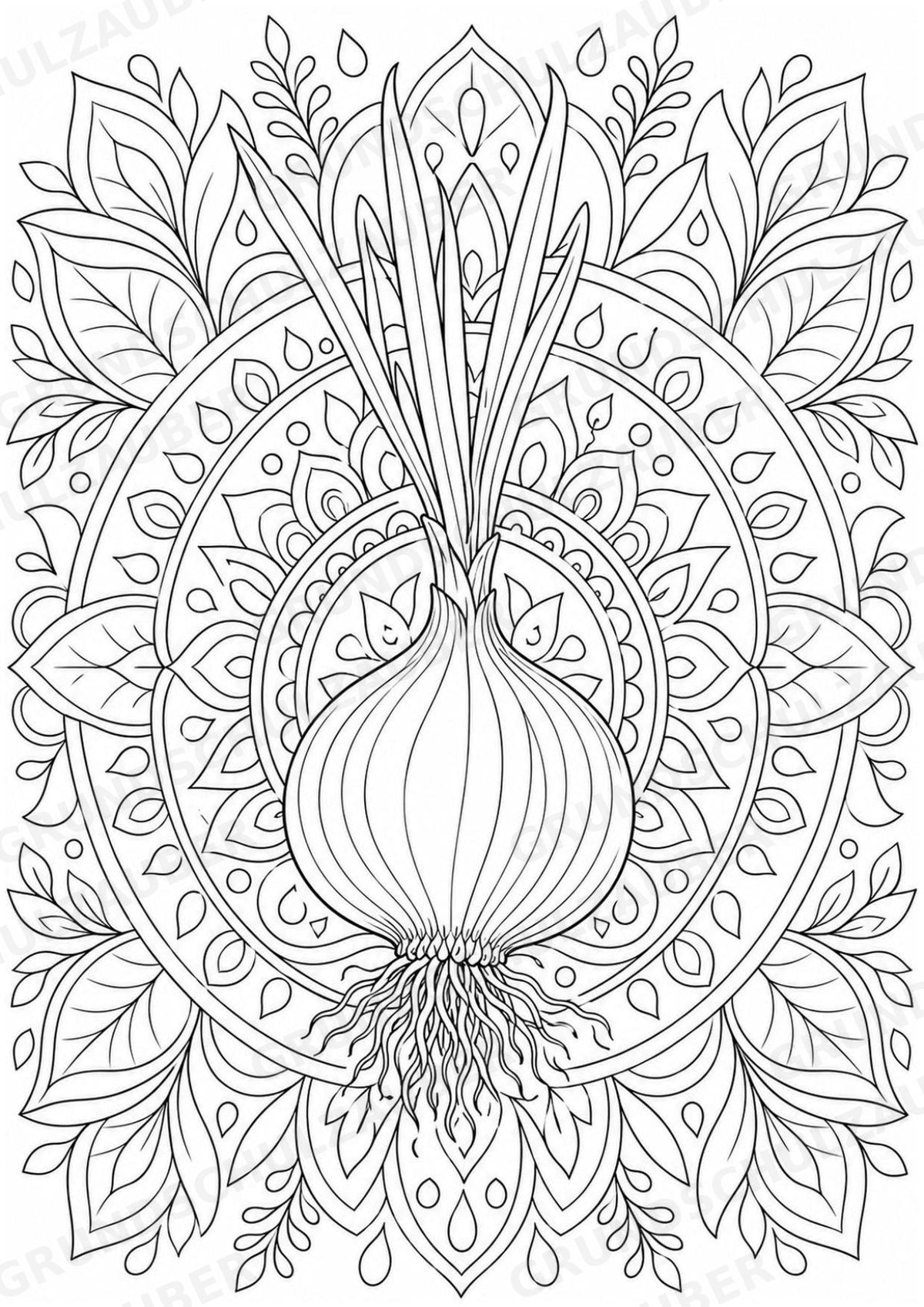 Zwiebel Mandalas Ausmalbilder – Gemüse – 15 Malvorlagen – Materialseite 9
