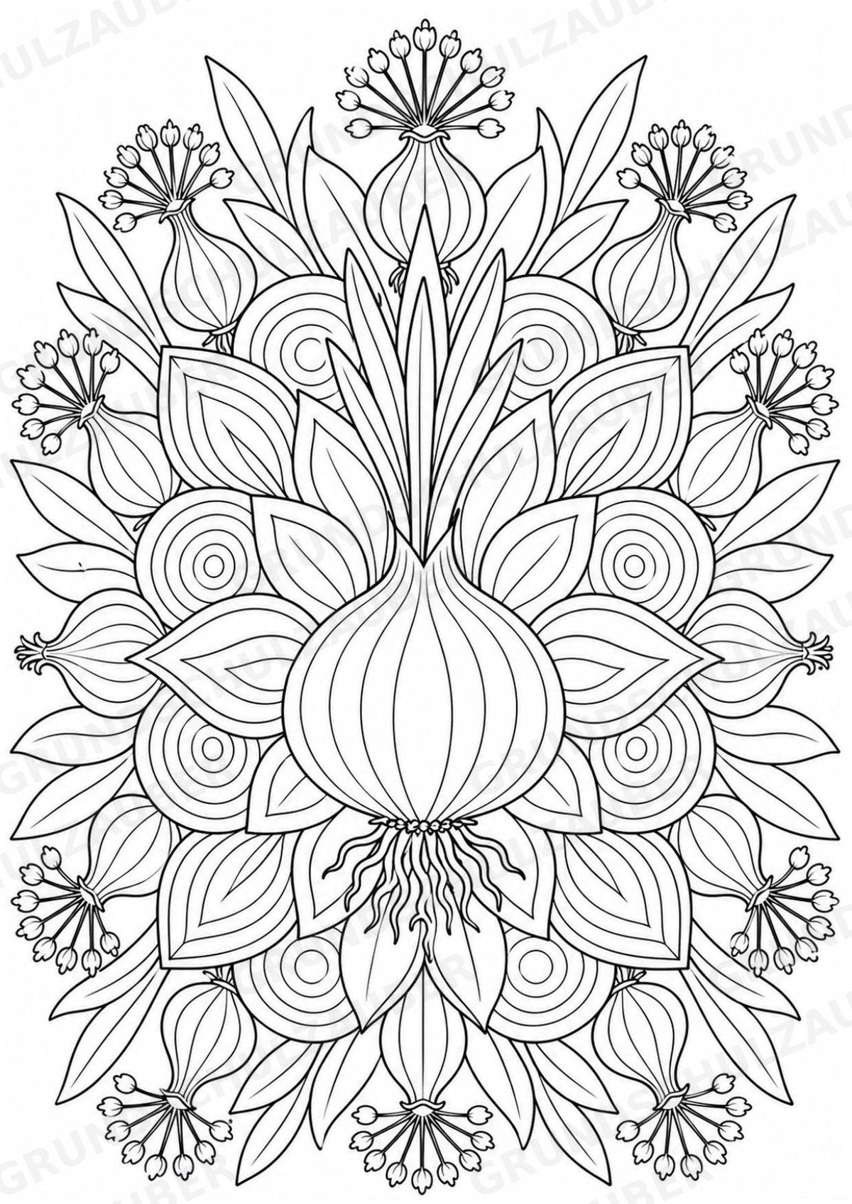 Zwiebel Mandalas Ausmalbilder – Gemüse – 15 Malvorlagen – Materialseite 12