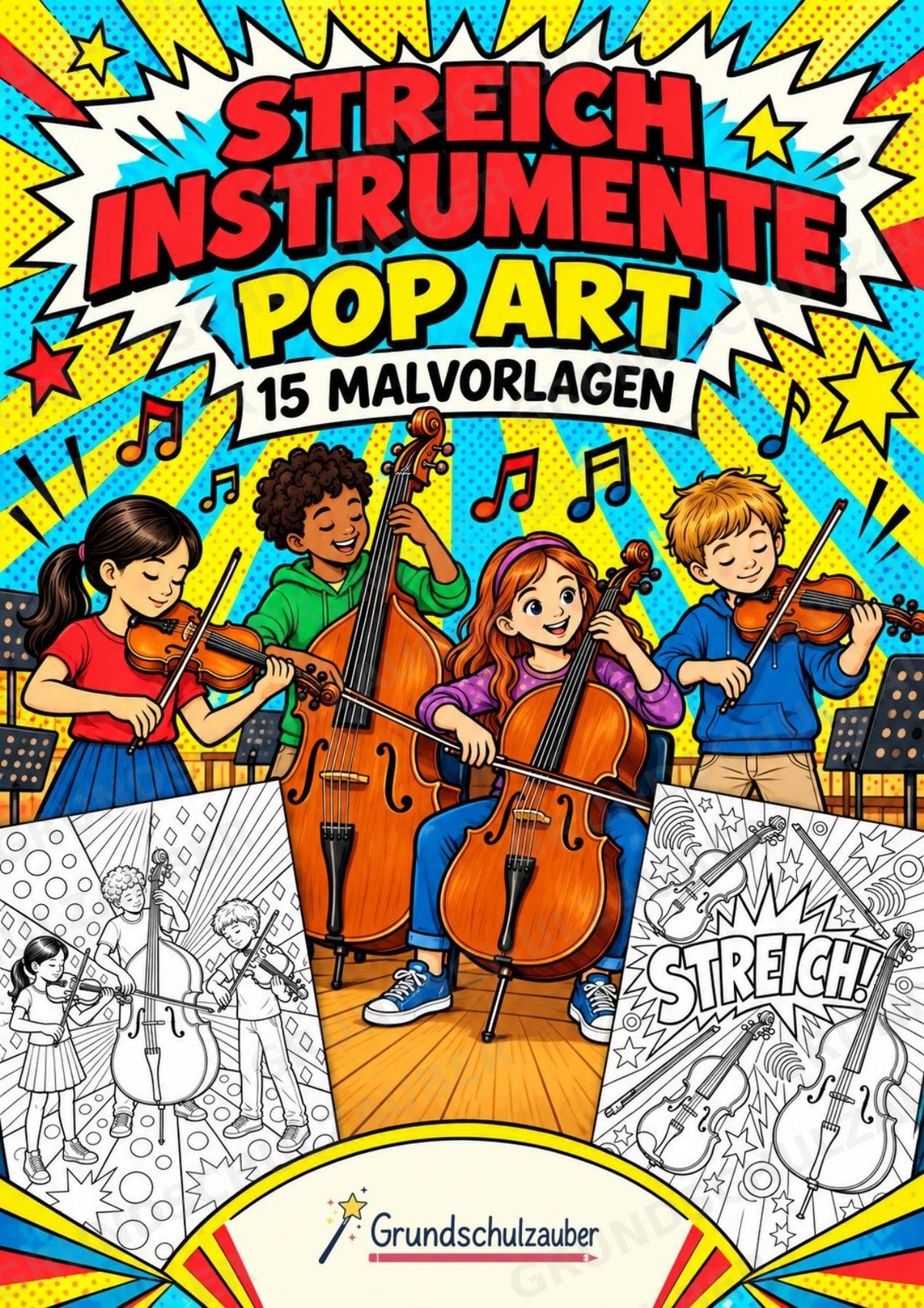 Streichinstrumente POP Art Ausmalbilder 15 Malvorlagen – Cover