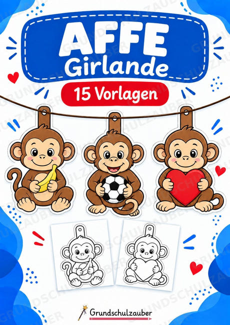 Affe Girlande – Fensterdeko – Basteln – Ausmalbild – Ausschneiden – 15 Vorlagen – Cover