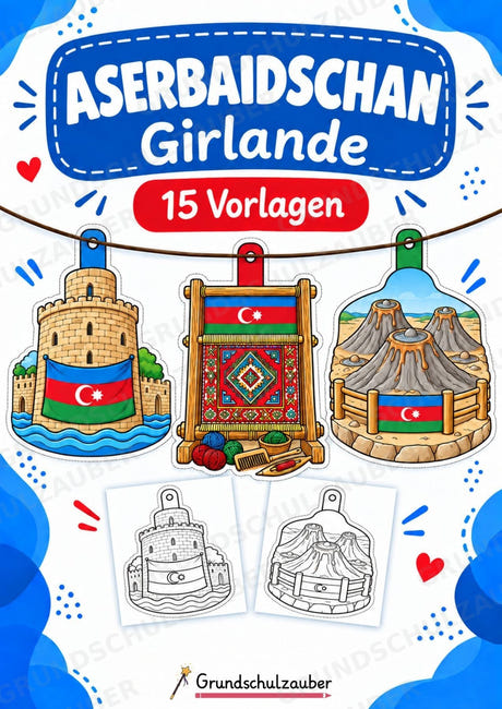 Aserbaidschan Girlande Fensterdeko Basteln Ausmalbild Ausschneiden 15 Vorlagen – Cover