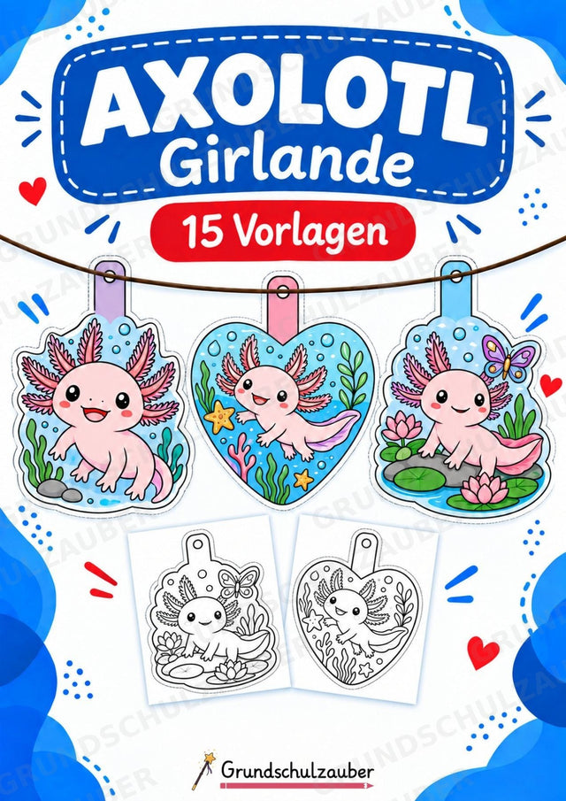Axolotl Girlande Fensterdeko Basteln Ausmalbild Ausschneiden 15 Vorlagen – Cover