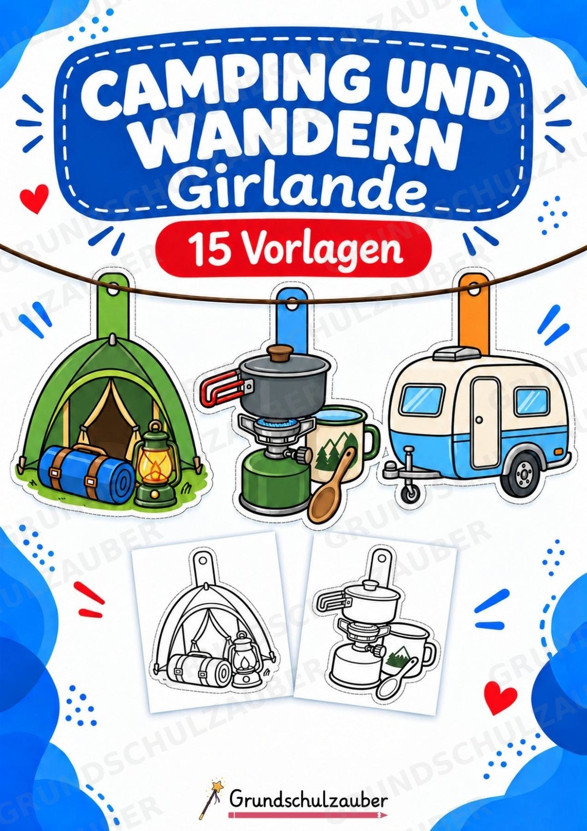 Camping und Wandern Girlande Fensterdeko Basteln Ausmalbild Ausschneiden 15 Vorlagen – Cover