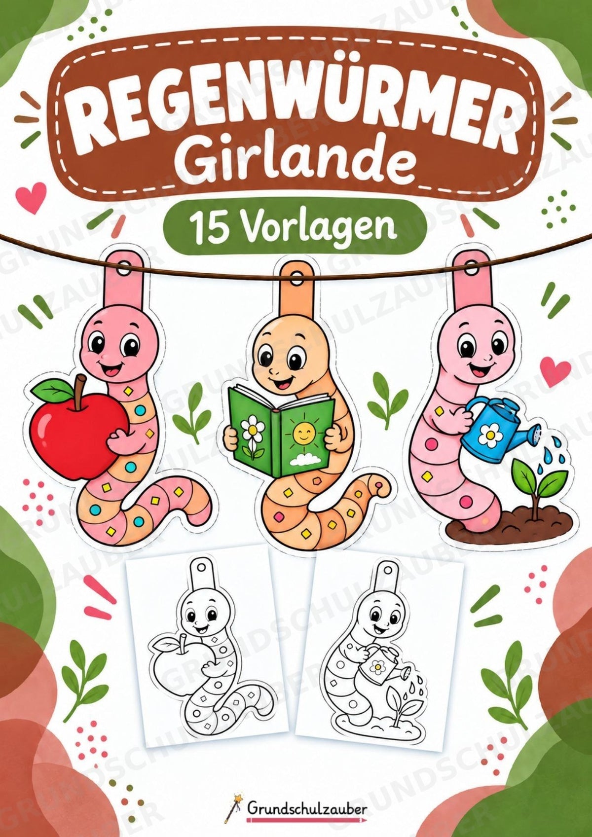 Regenwürmer – Fensterdeko – Basteln – Ausmalbild – Ausschneiden – 15 Vorlagen – Cover