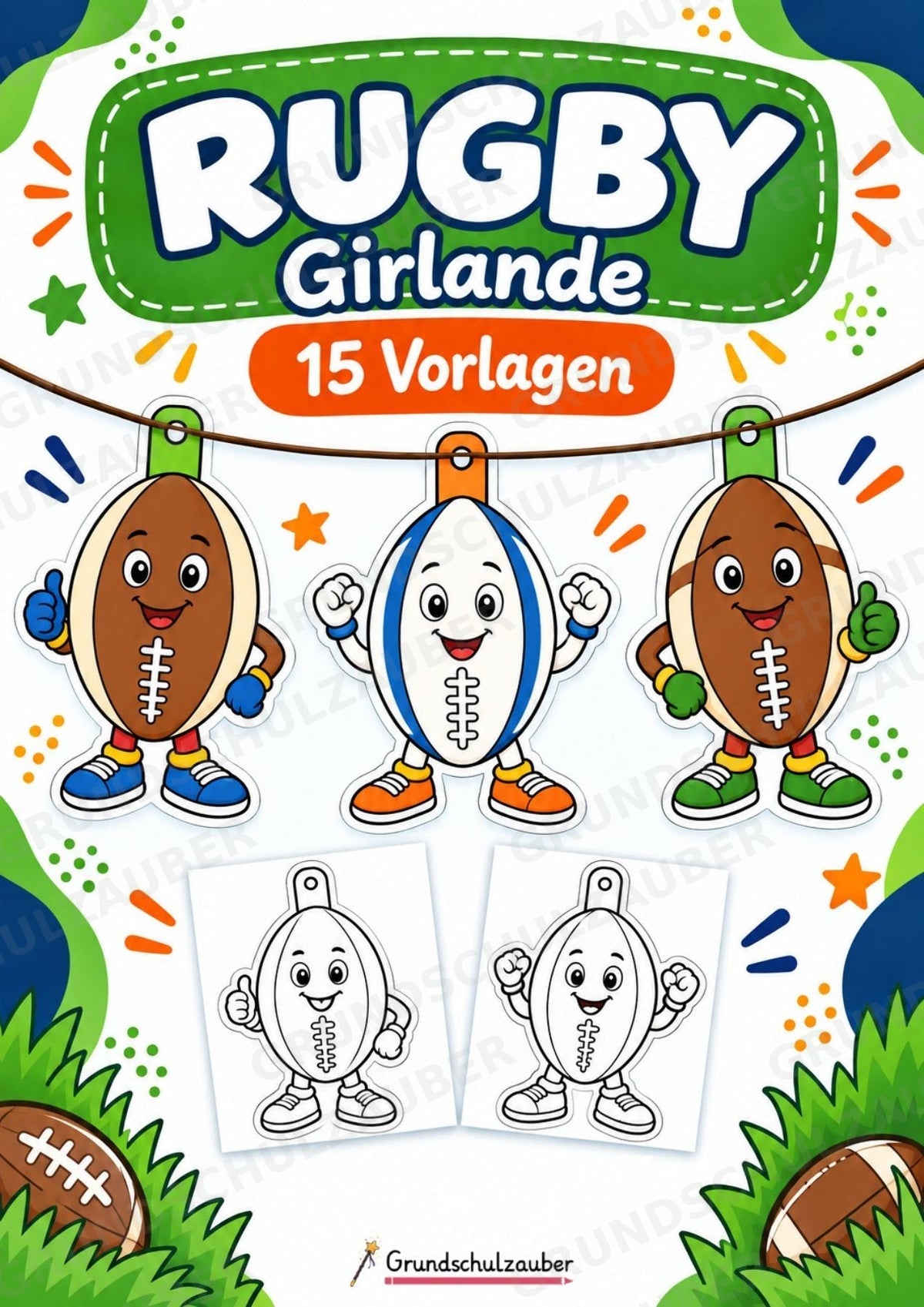 Rugby – Fensterdeko – Basteln – Ausmalbild – Ausschneiden – 15 Vorlagen – Cover