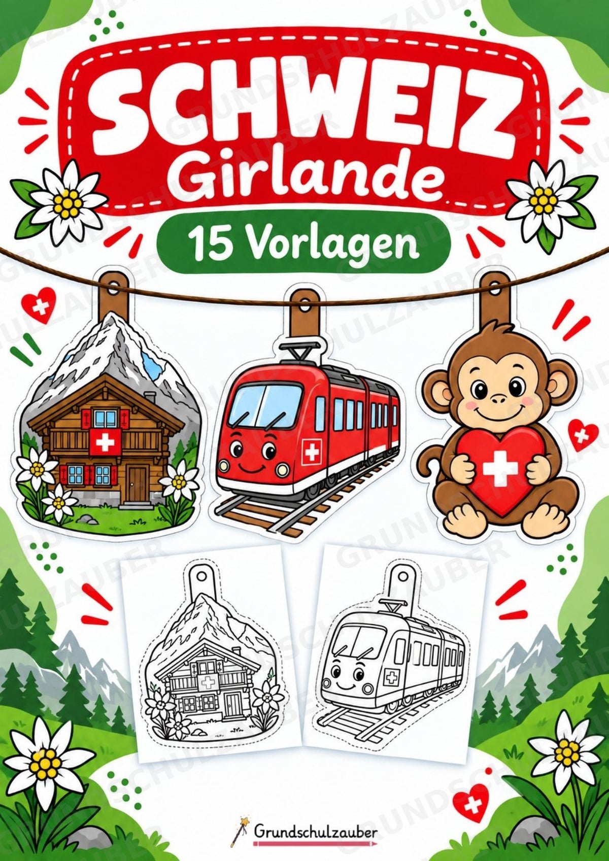 Schweiz – Fensterdeko – Basteln – Ausmalbild – Ausschneiden – 15 Vorlagen – Cover
