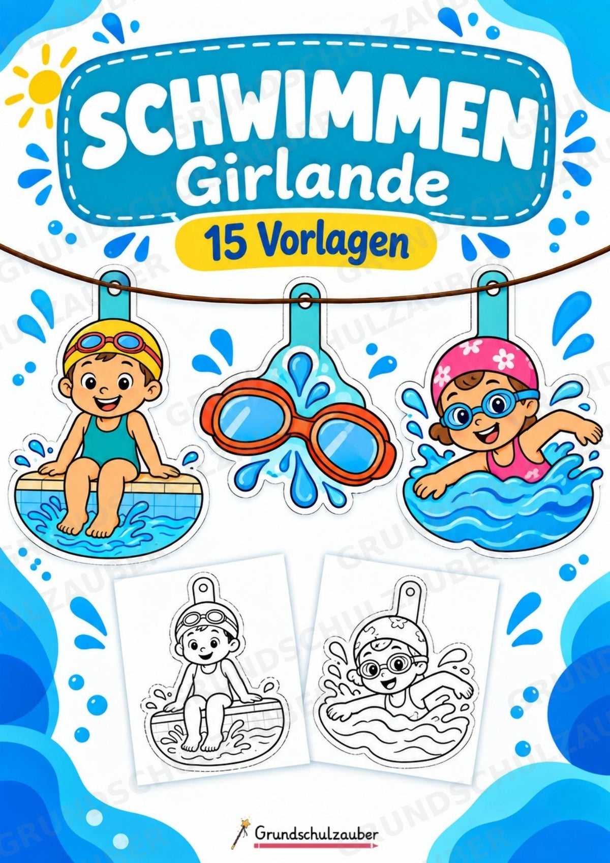 Schwimmen – Fensterdeko – Basteln – Ausmalbild – Ausschneiden – 15 Vorlagen – Cover