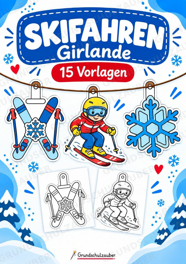 Skifahren – Fensterdeko – Basteln – Ausmalbild – Ausschneiden – 15 Vorlagen – Cover