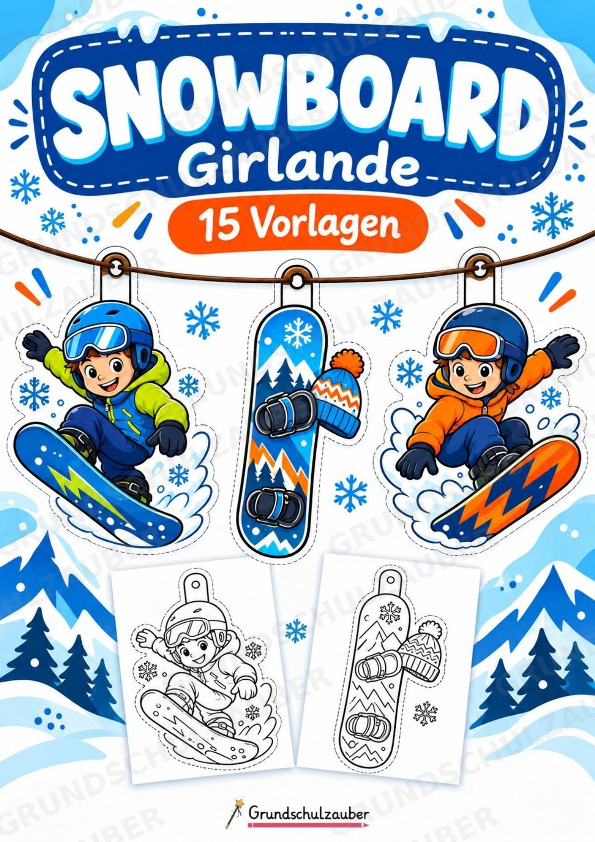 Snowboard – Fensterdeko – Basteln – Ausmalbild – Ausschneiden – 15 Vorlagen – Cover