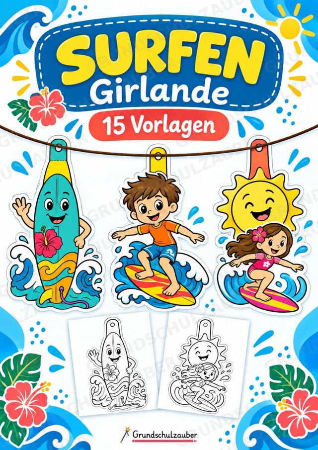 Surfen – Fensterdeko – Basteln – Ausmalbild – Ausschneiden – 15 Vorlagen – Cover