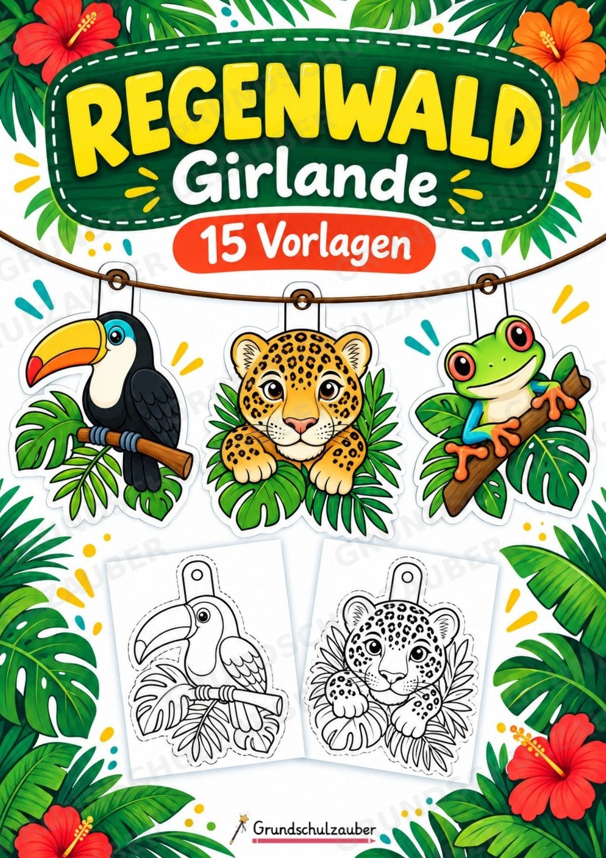 Tropischer Regenwald – Fensterdeko – Basteln – Ausmalbild – Ausschneiden – 15 Vorlagen – Cover