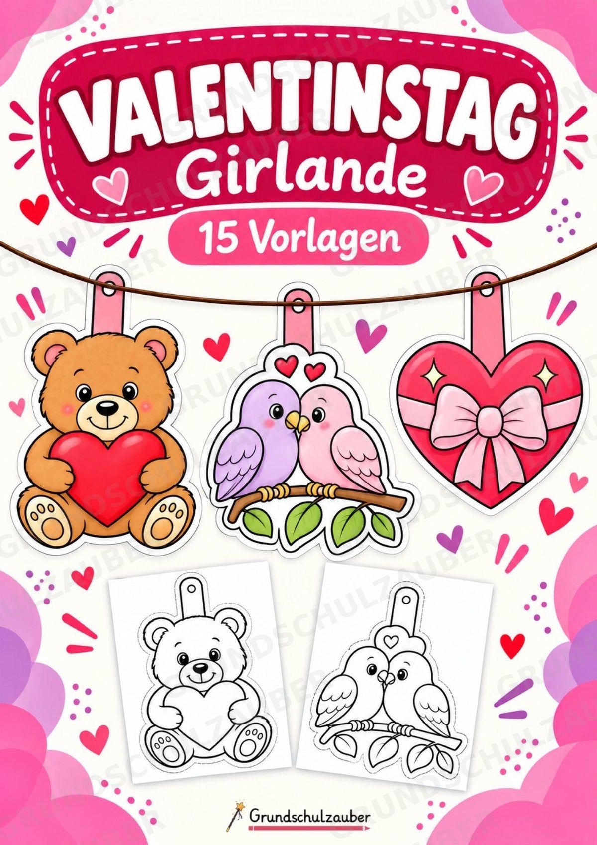 Valentinstag – Fensterdeko – Basteln – Ausmalbild – Ausschneiden – 15 Vorlagen – Cover