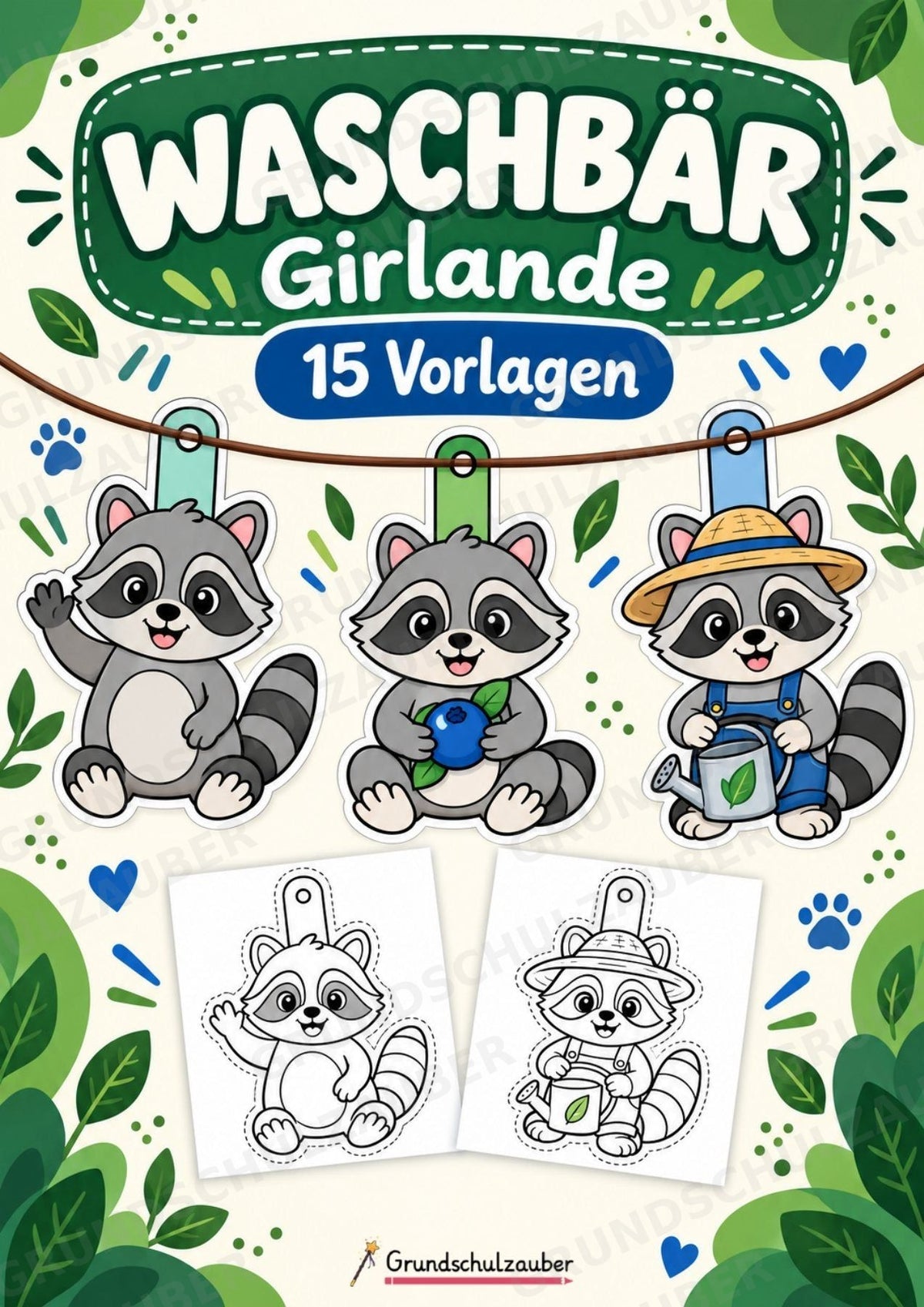 Waschbär – Fensterdeko – Basteln – Ausmalbild – Ausschneiden – 15 Vorlagen – Cover