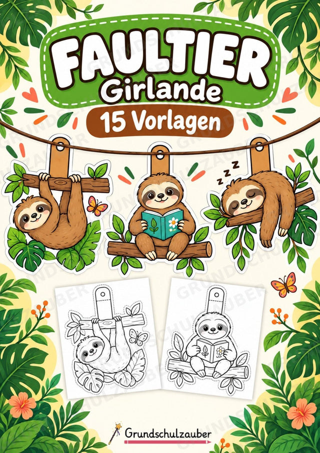 Faultier – Fensterdeko – Basteln – Ausmalbild – Ausschneiden – 15 Vorlagen – Cover