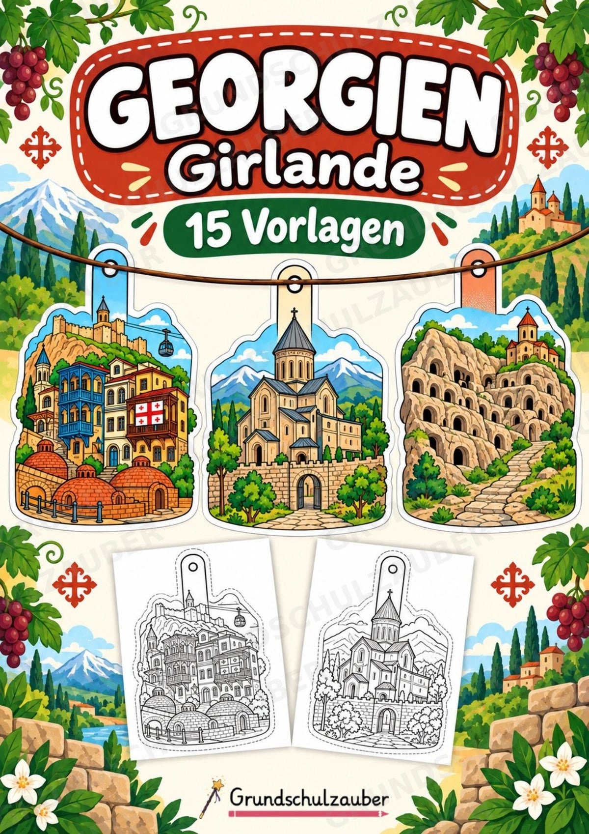Georgien – Fensterdeko – Basteln – Ausmalbild – Ausschneiden – 15 Vorlagen – Cover