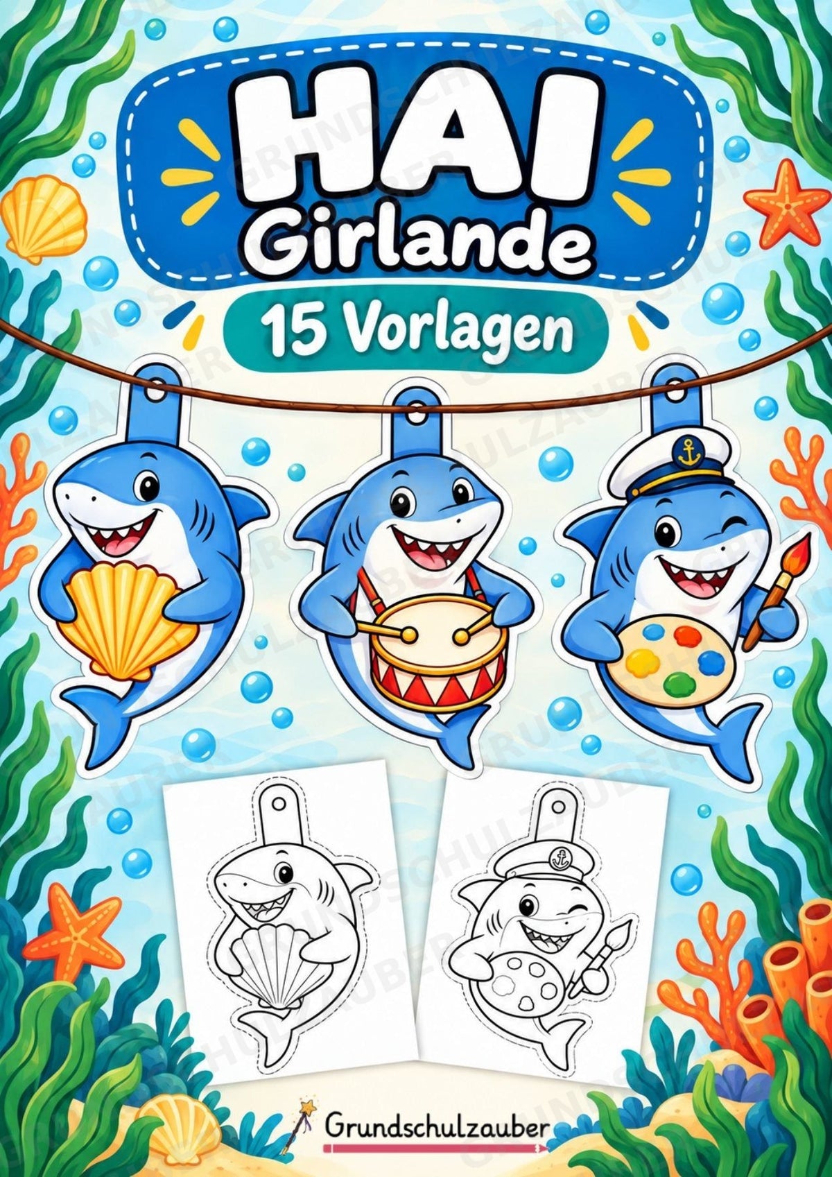 Hai – Fensterdeko – Basteln – Ausmalbild – Ausschneiden – 15 Vorlagen – Cover