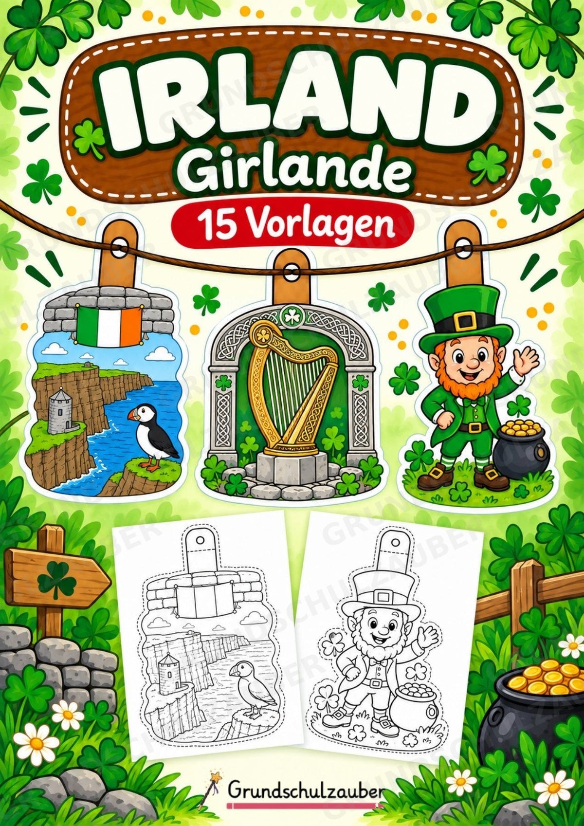 Irland – Fensterdeko – Basteln – Ausmalbild – Ausschneiden – 15 Vorlagen – Cover