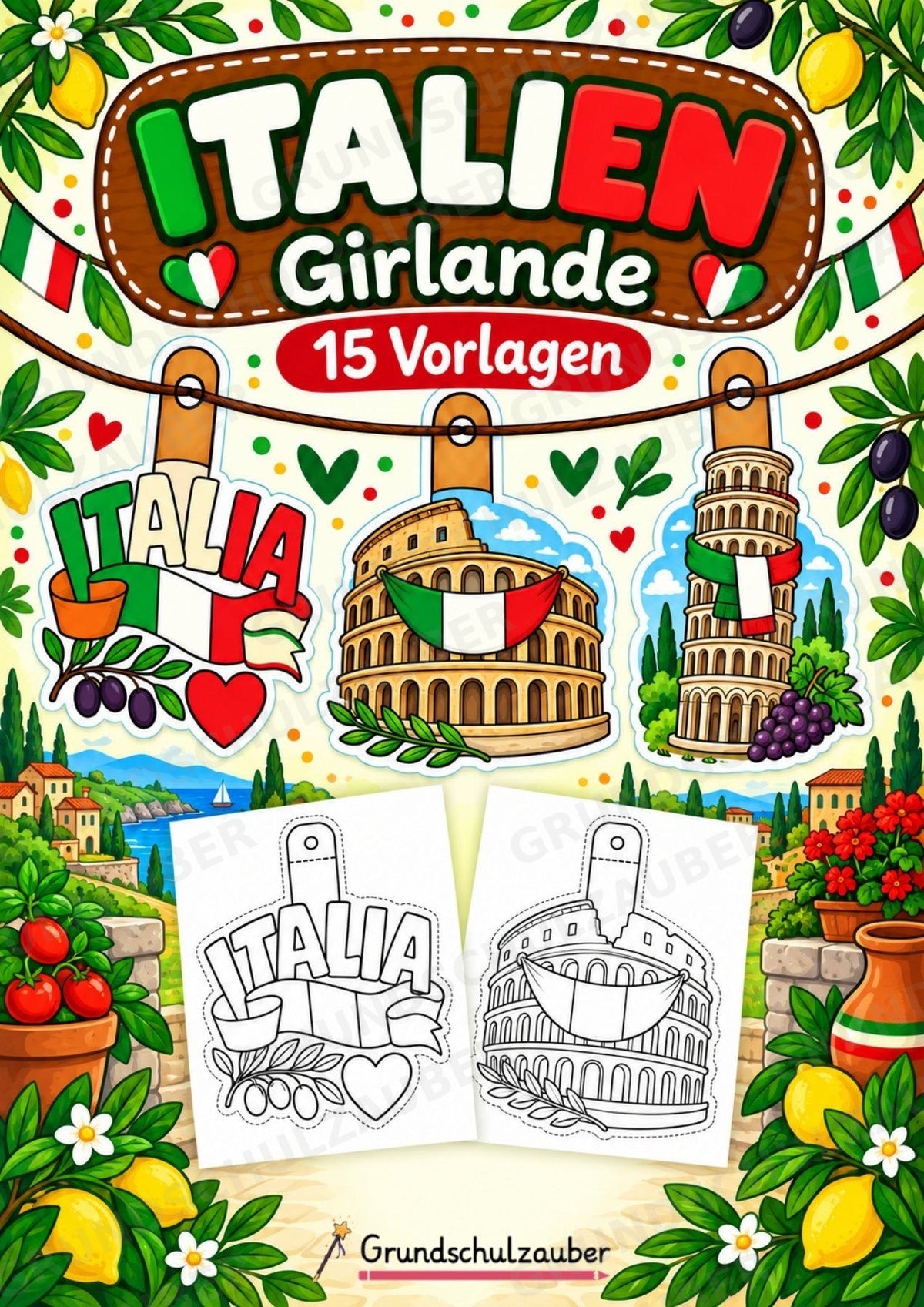 Italien – Fensterdeko – Basteln – Ausmalbild – Ausschneiden – 15 Vorlagen – Cover