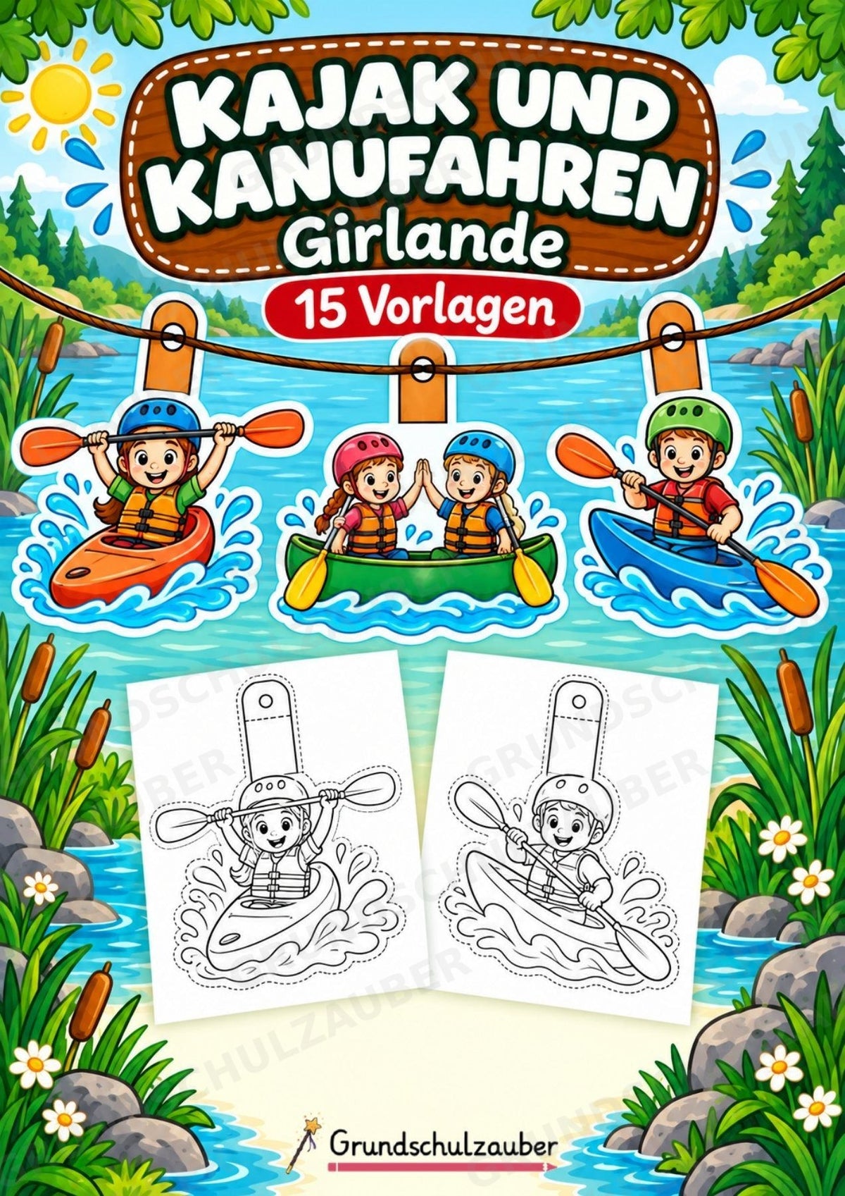 Kajak und Kanufahren – Fensterdeko – Basteln – Ausmalbild – Ausschneiden – 15 Vorlagen – Cover