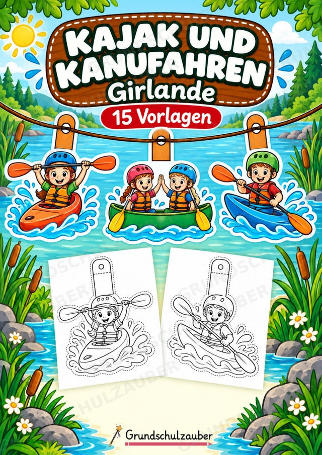 Kajak und Kanufahren – Fensterdeko – Basteln – Ausmalbild – Ausschneiden – 15 Vorlagen – Cover