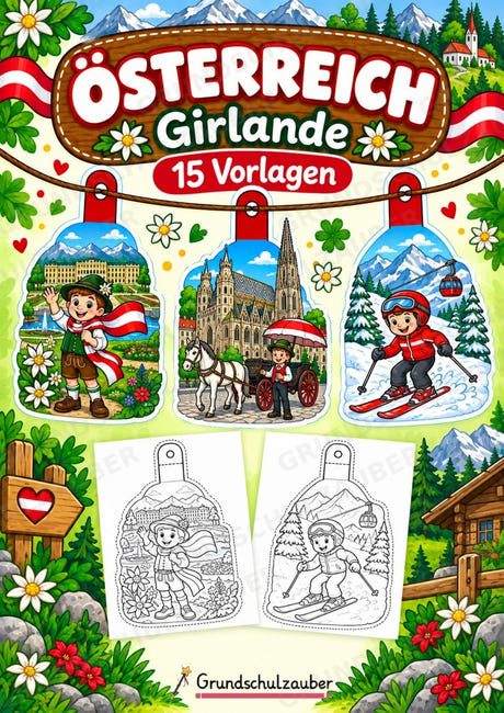 Österreich – Fensterdeko – Basteln – Ausmalbild – Ausschneiden – 15 Vorlagen – Cover