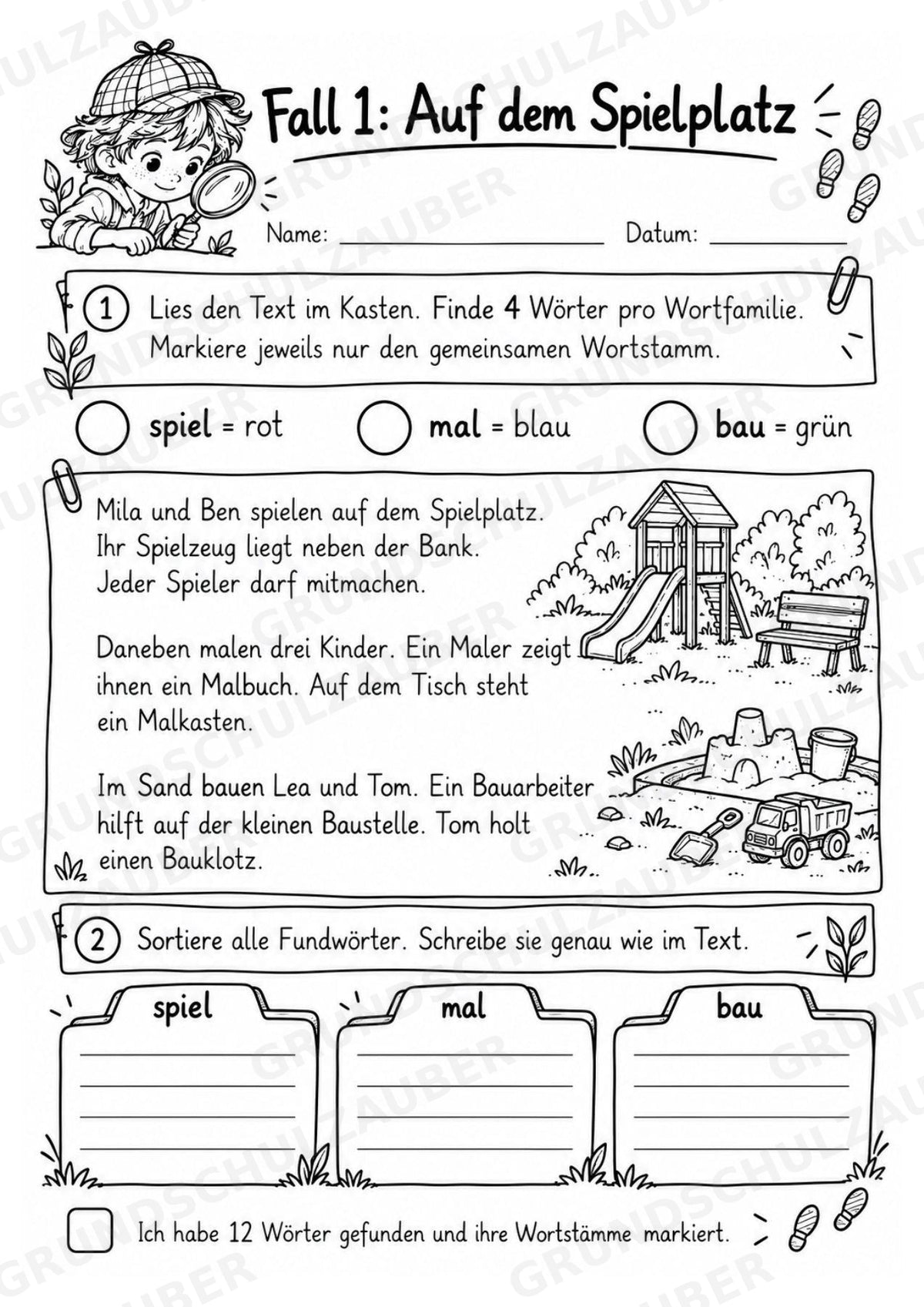 Wortstamm – Detektive – Wortfamilien entdecken – Klasse 2–3 – 3 Fach Differenziert – Materialseite 4