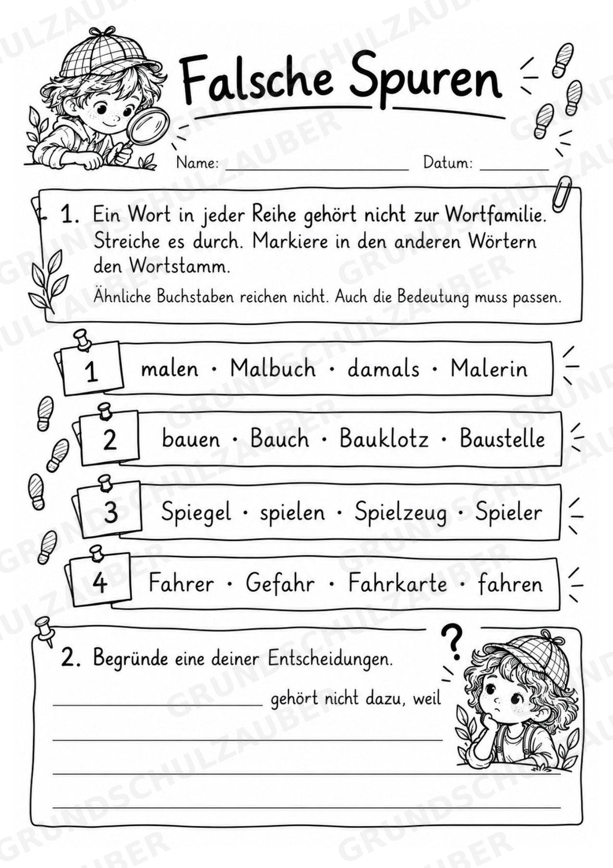 Wortstamm – Detektive – Wortfamilien entdecken – Klasse 2–3 – 3 Fach Differenziert – Materialseite 12