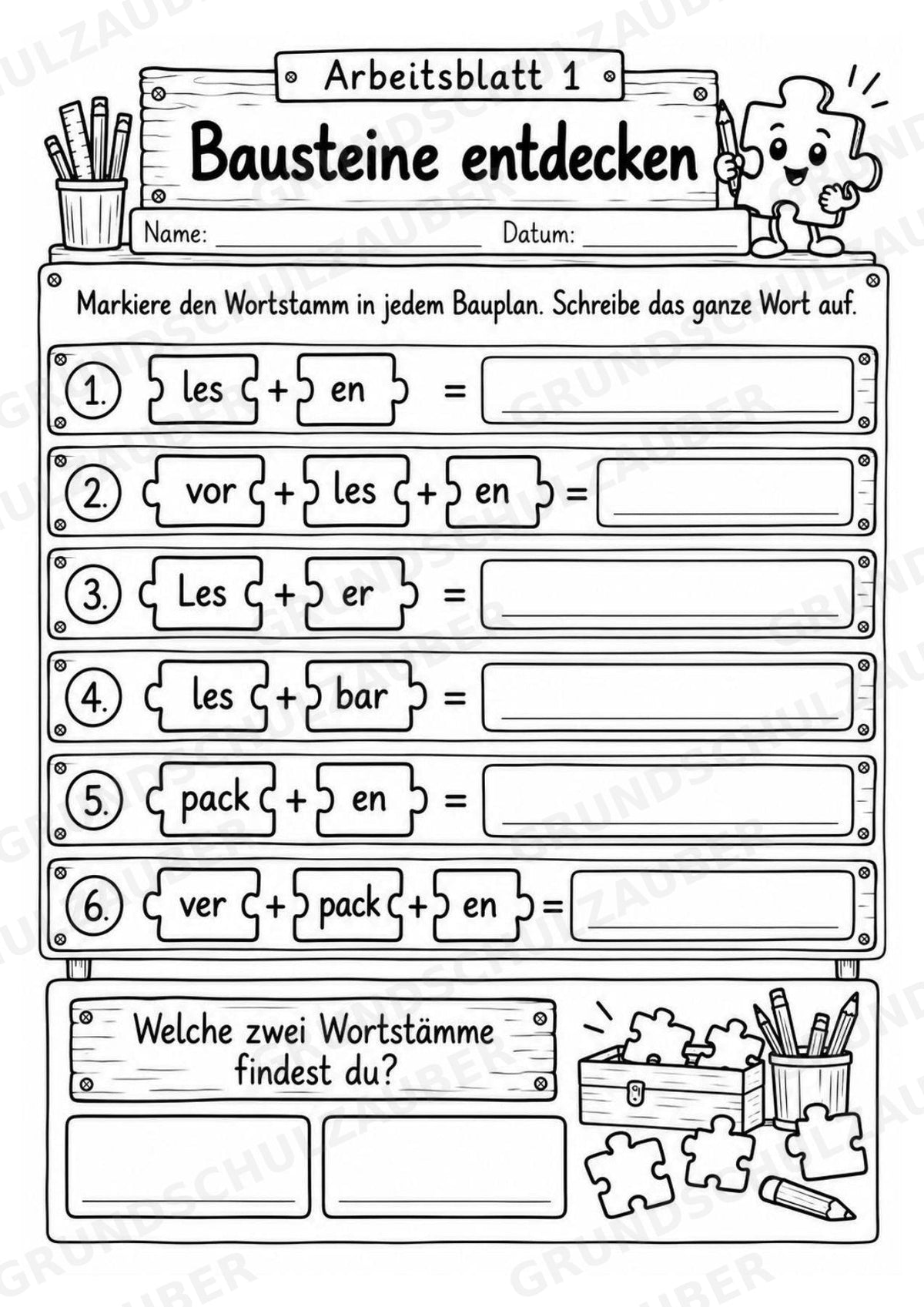 Die Wörterwerkstatt | Wortbausteine, Wortbildung & Wortstamm | Wortfamilien, Vorsilben & Nachsilben | 20 Arbeitsblätter Deutsch Klasse 2–3 – Materialseite 5