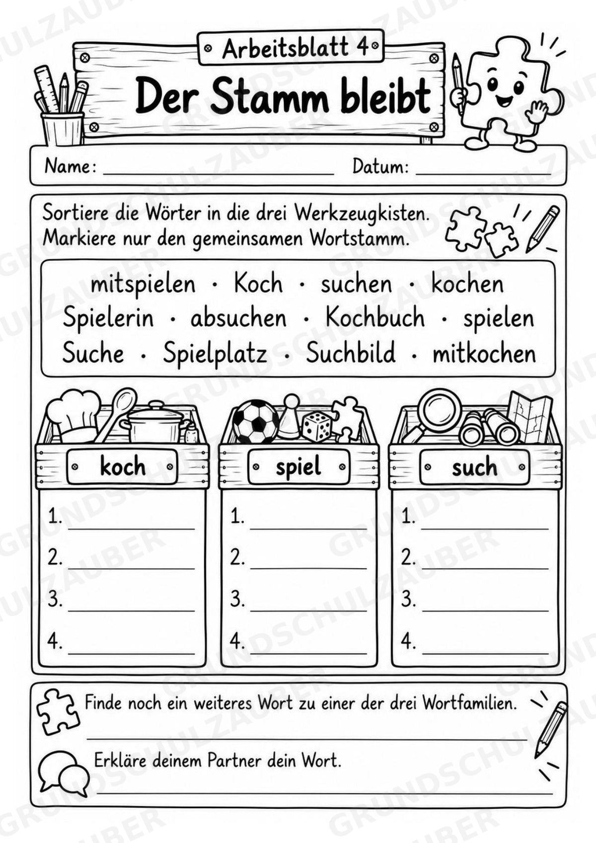Die Wörterwerkstatt | Wortbausteine, Wortbildung & Wortstamm | Wortfamilien, Vorsilben & Nachsilben | 20 Arbeitsblätter Deutsch Klasse 2–3 – Materialseite 8