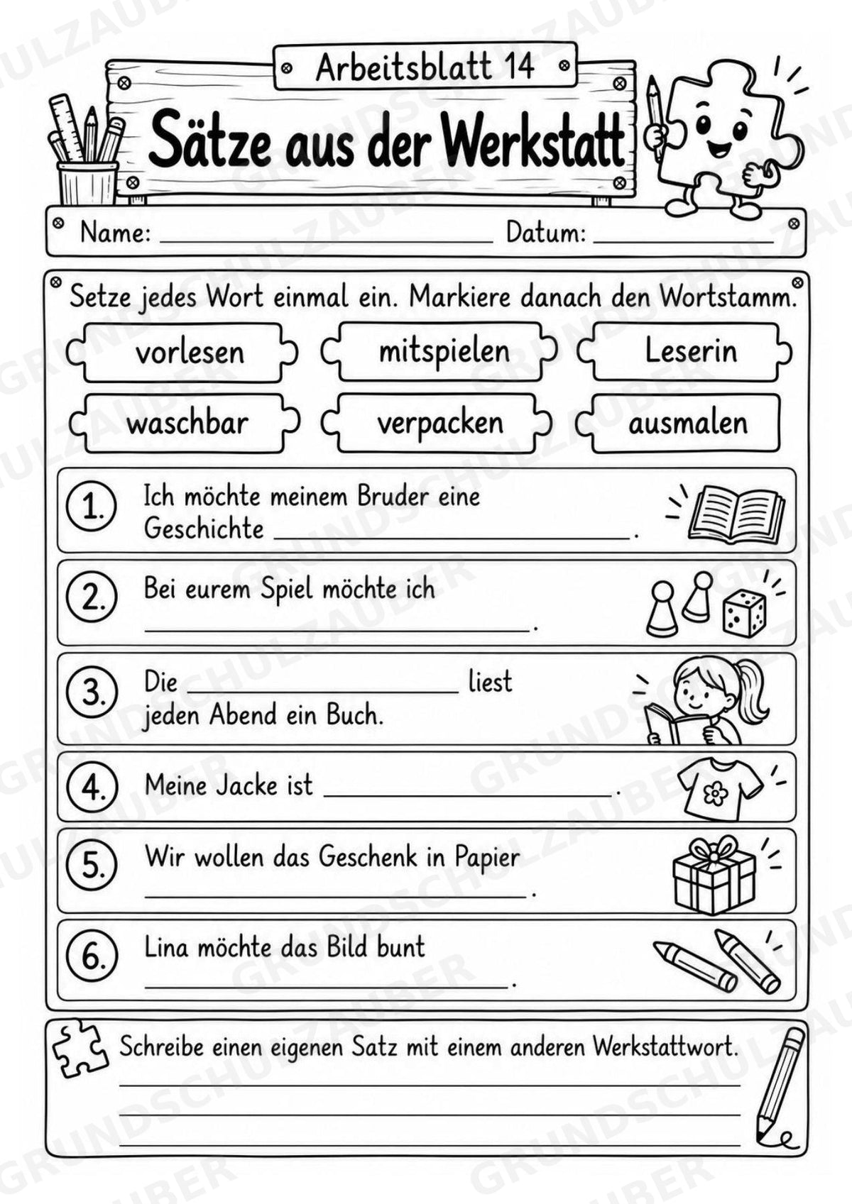 Die Wörterwerkstatt | Wortbausteine, Wortbildung & Wortstamm | Wortfamilien, Vorsilben & Nachsilben | 20 Arbeitsblätter Deutsch Klasse 2–3 – Materialseite 18