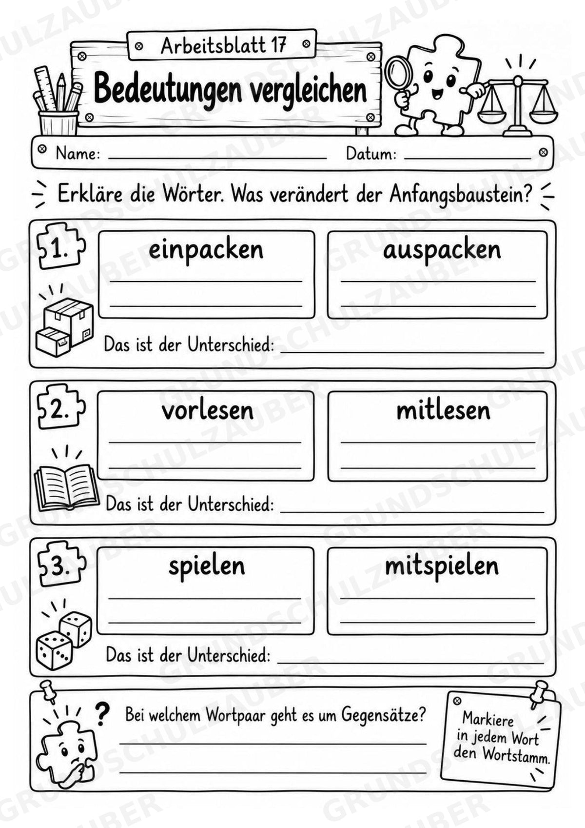 Die Wörterwerkstatt | Wortbausteine, Wortbildung & Wortstamm | Wortfamilien, Vorsilben & Nachsilben | 20 Arbeitsblätter Deutsch Klasse 2–3 – Materialseite 21