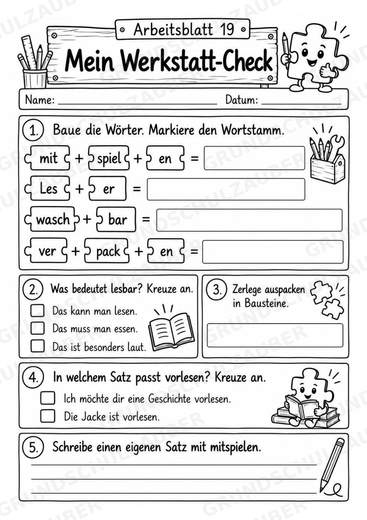 Die Wörterwerkstatt | Wortbausteine, Wortbildung & Wortstamm | Wortfamilien, Vorsilben & Nachsilben | 20 Arbeitsblätter Deutsch Klasse 2–3 – Materialseite 23