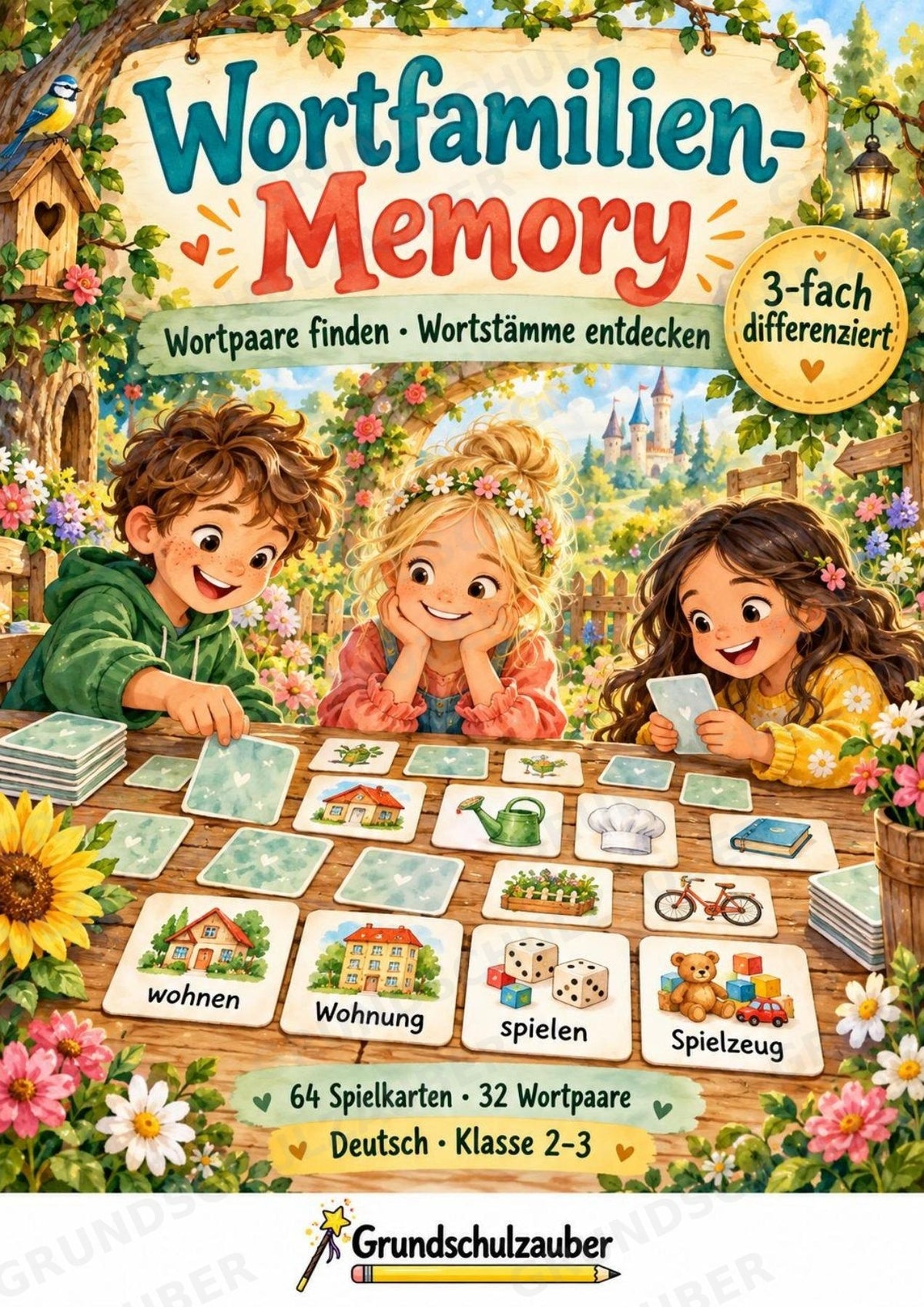 Wortfamilien-Memory | Wortstamm & Wortfamilien üben | 64 Spielkarten | Deutsch Grundschule Klasse 2–3 | 3-fach differenziert – Cover