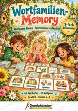 Wortfamilien-Memory | Wortstamm & Wortfamilien üben | 64 Spielkarten | Deutsch Grundschule Klasse 2–3 | 3-fach differenziert – Cover