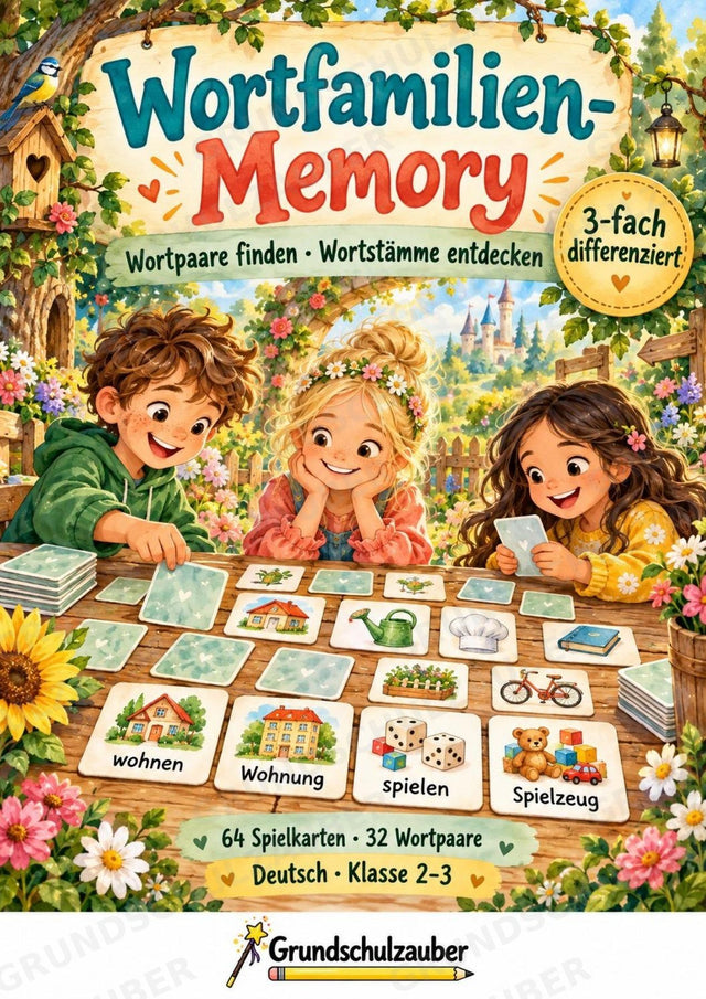 Wortfamilien-Memory | Wortstamm & Wortfamilien üben | 64 Spielkarten | Deutsch Grundschule Klasse 2–3 | 3-fach differenziert – Cover