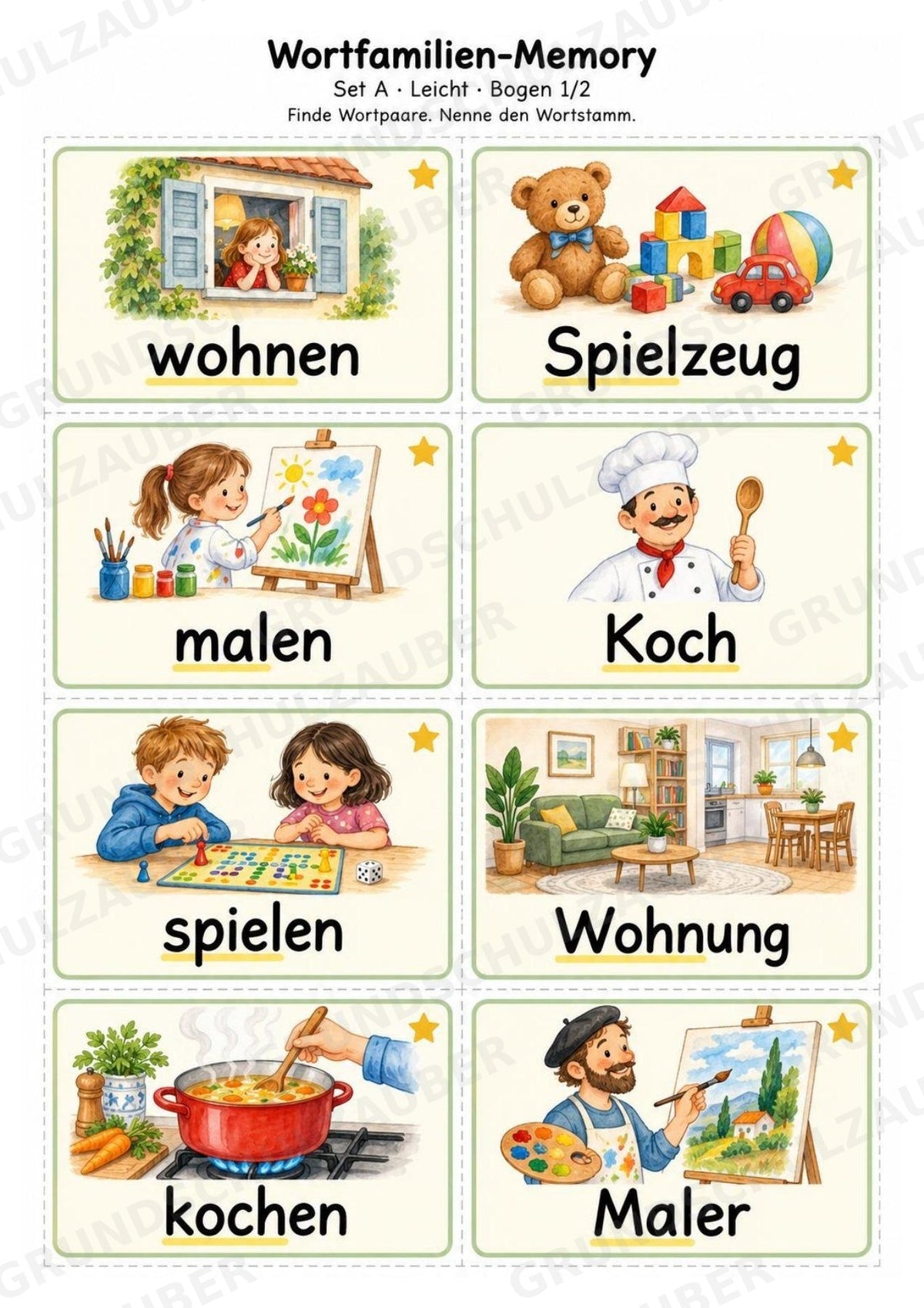 Wortfamilien-Memory | Wortstamm & Wortfamilien üben | 64 Spielkarten | Deutsch Grundschule Klasse 2–3 | 3-fach differenziert – Materialseite 2