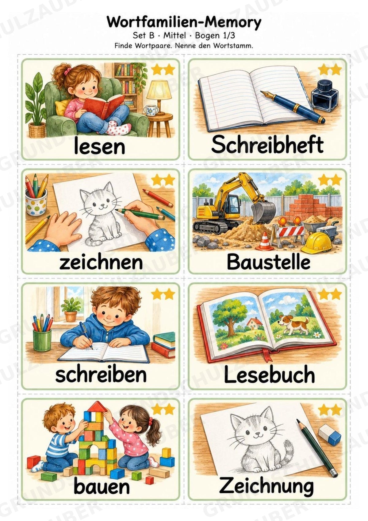 Wortfamilien-Memory | Wortstamm & Wortfamilien üben | 64 Spielkarten | Deutsch Grundschule Klasse 2–3 | 3-fach differenziert – Materialseite 4