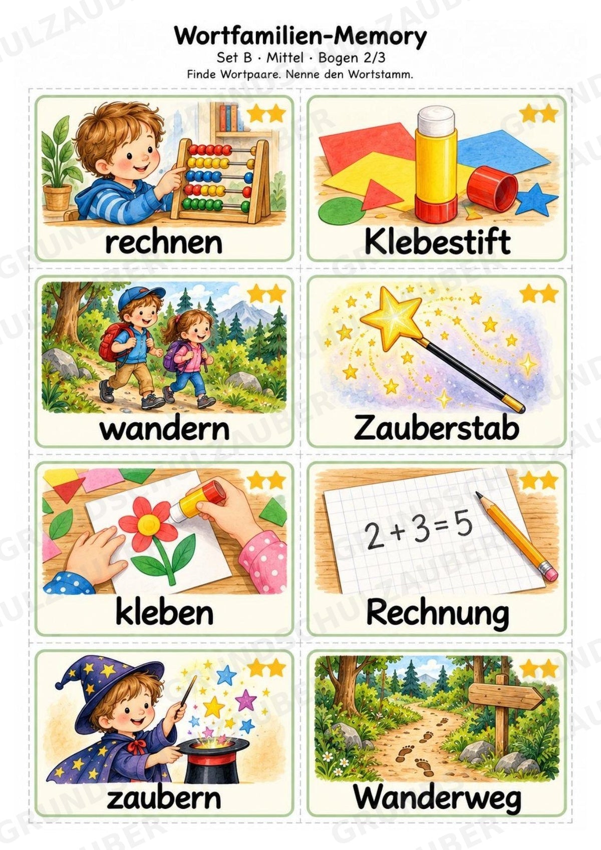 Wortfamilien-Memory | Wortstamm & Wortfamilien üben | 64 Spielkarten | Deutsch Grundschule Klasse 2–3 | 3-fach differenziert – Materialseite 5