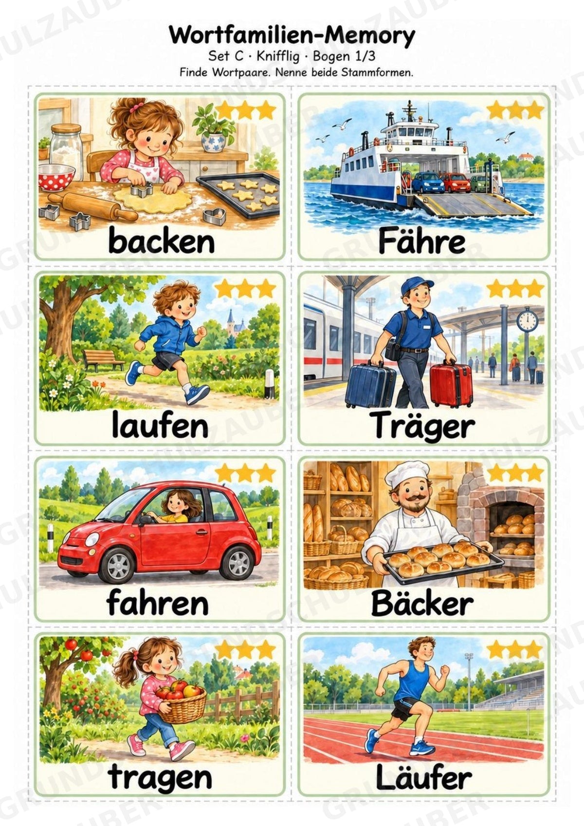Wortfamilien-Memory | Wortstamm & Wortfamilien üben | 64 Spielkarten | Deutsch Grundschule Klasse 2–3 | 3-fach differenziert – Materialseite 7