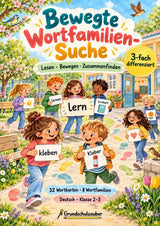 Bewegte Wortfamilien-Suche | Wortstamm üben | 32 Wortkarten | Bewegungsspiel Deutsch Grundschule Klasse 2–3 | 3-fach differenziert – Cover