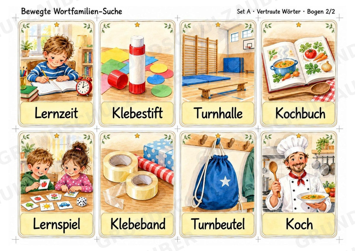 Bewegte Wortfamilien-Suche | Wortstamm üben | 32 Wortkarten | Bewegungsspiel Deutsch Grundschule Klasse 2–3 | 3-fach differenziert – Materialseite 4