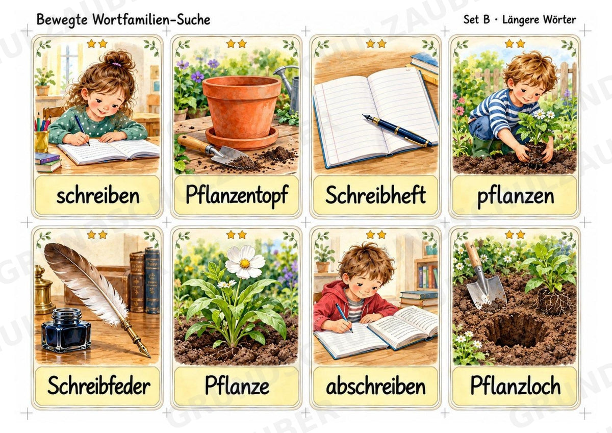 Bewegte Wortfamilien-Suche | Wortstamm üben | 32 Wortkarten | Bewegungsspiel Deutsch Grundschule Klasse 2–3 | 3-fach differenziert – Materialseite 5