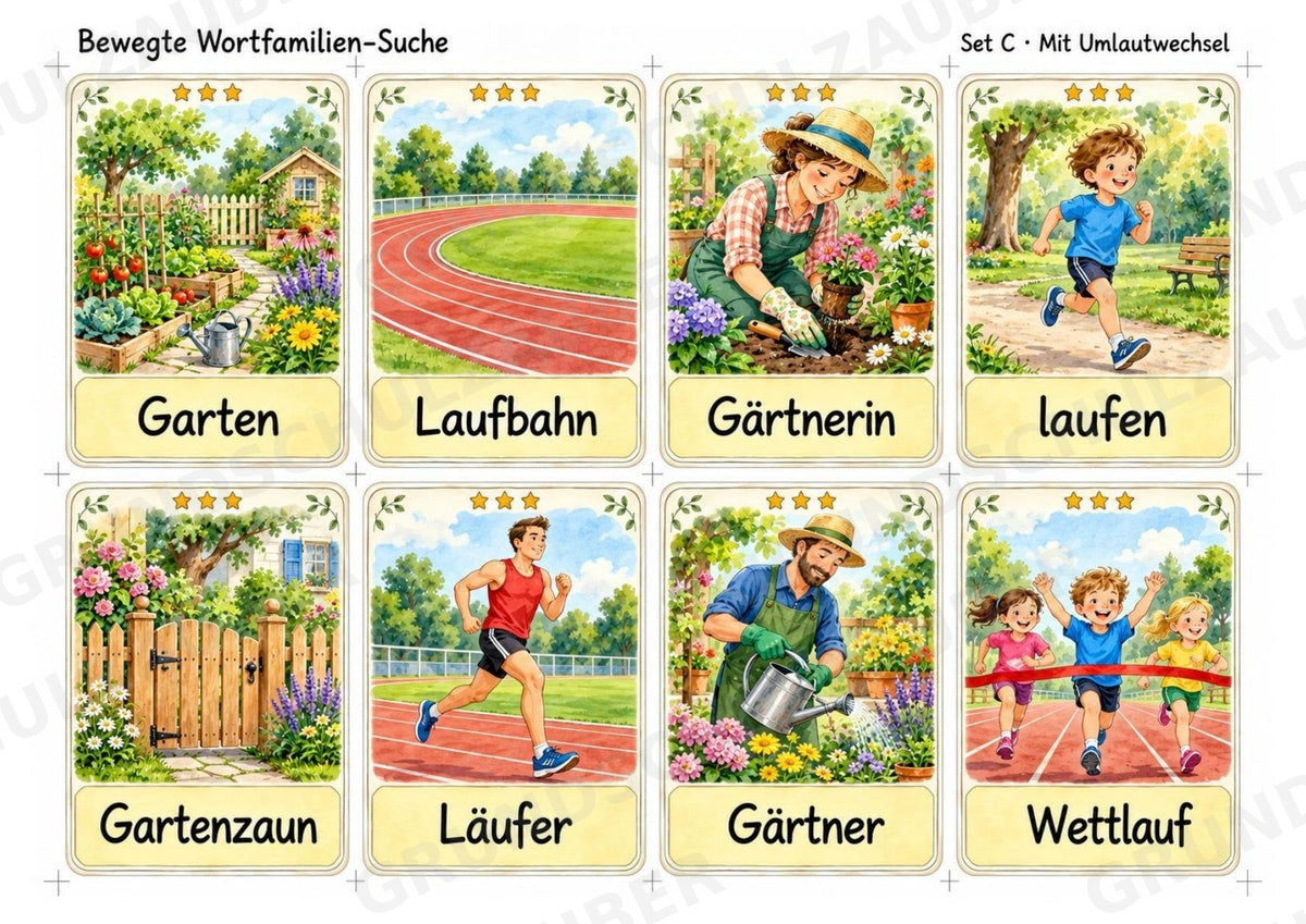 Bewegte Wortfamilien-Suche | Wortstamm üben | 32 Wortkarten | Bewegungsspiel Deutsch Grundschule Klasse 2–3 | 3-fach differenziert – Materialseite 6