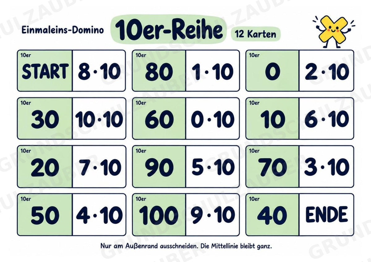 Einmaleins-Domino | 9 Rechenspiele zu den Reihen 2–10 | Mathe Klasse 2–3 | Mit Lösungen – Materialseite 11