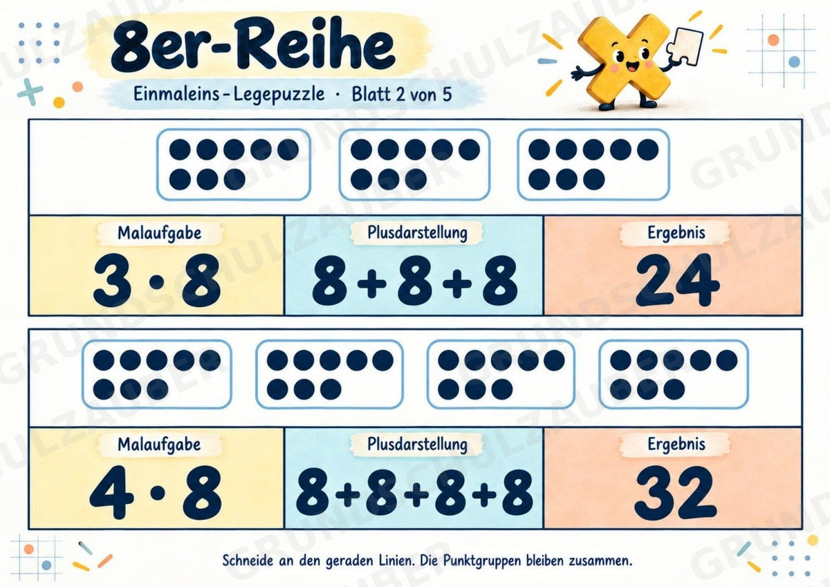 Einmaleins-Legepuzzle | 90 Lernpuzzles zum kleinen 1x1 | Reihen 2–10 | Mathematik Klasse 2–3 – Materialseite 34