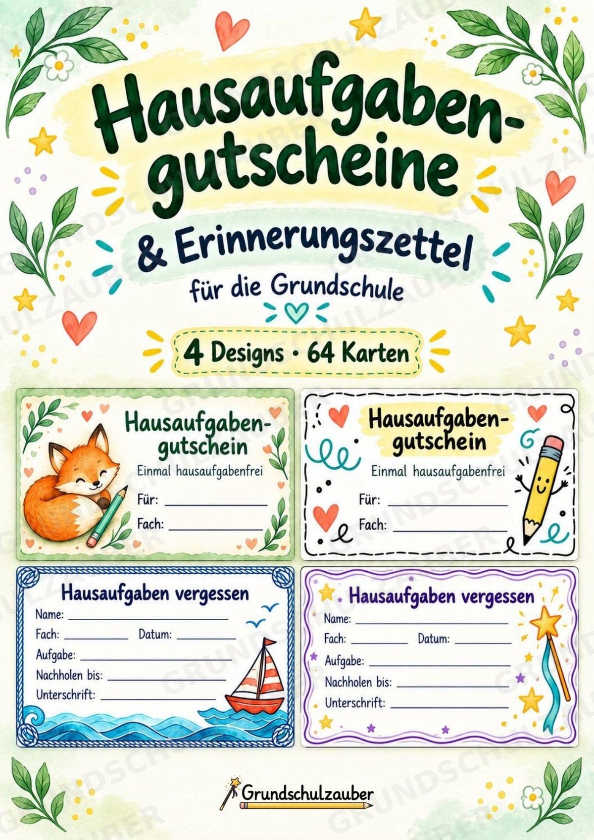 Hausaufgabengutscheine & Hausaufgaben vergessen | 64 Karten in 4 Designs für die Grundschule – Cover