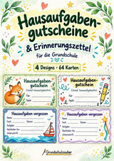 Hausaufgabengutscheine & Hausaufgaben vergessen | 64 Karten in 4 Designs für die Grundschule – Cover